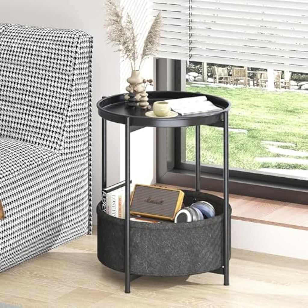 Jolof Store Round Side Table – Metal End Table with Storage Basket