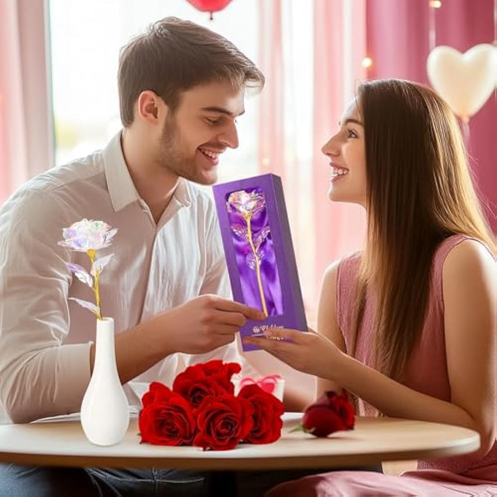 Rainbow Rose Flower with Vase – Artificial Everlasting Gift Set
