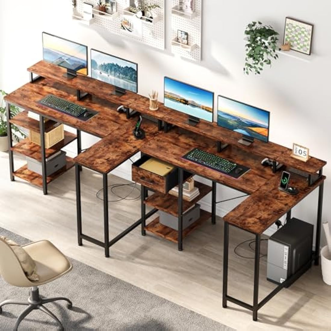 Dripex L-Shaped Computer Desk with Power Outlets, Monitor Stand & Drawer