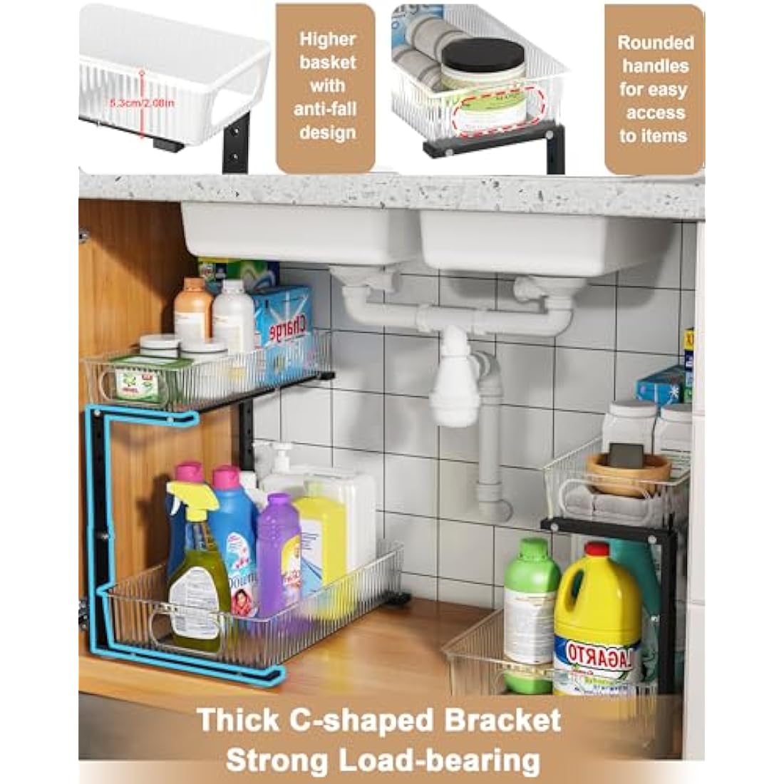 UMDONX 2-Pack Under Sink Organiser | 2-Tier Adjustable Sliding Drawers