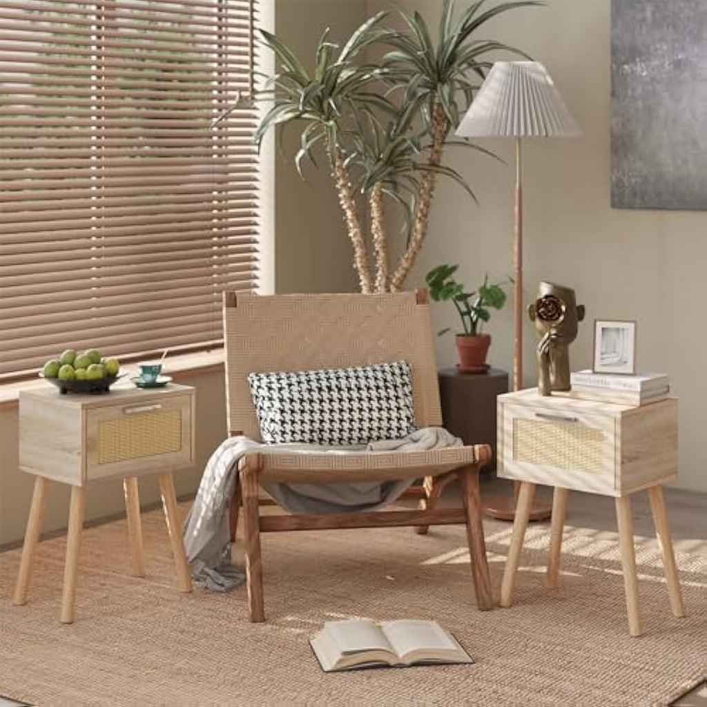 YMYNY Rattan Nightstand Set of 2 - Modern Wood Bedside Table with Drawer