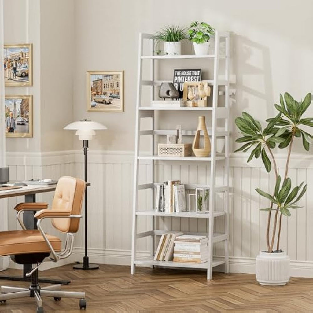 Vovala 5-Tier Bamboo Ladder Shelf – Modern Freestanding Bookcase, White