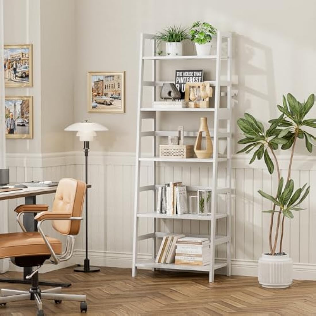 Vovala 5-Tier Bamboo Ladder Shelf – Modern Freestanding Bookcase, White