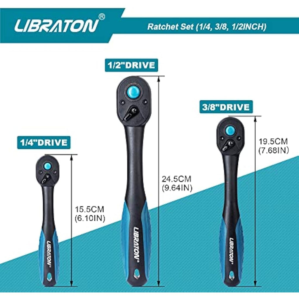 Libraton 3-Piece Ratchet Set | 72-Tooth CR-V Drive Socket Wrenches