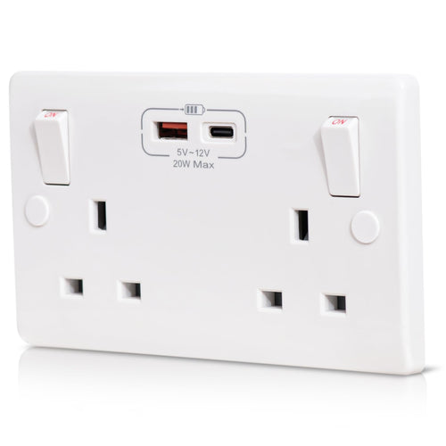 Jolof Store 2 Gang UK Wall Socket | 20W USB-C Fast Charging | White