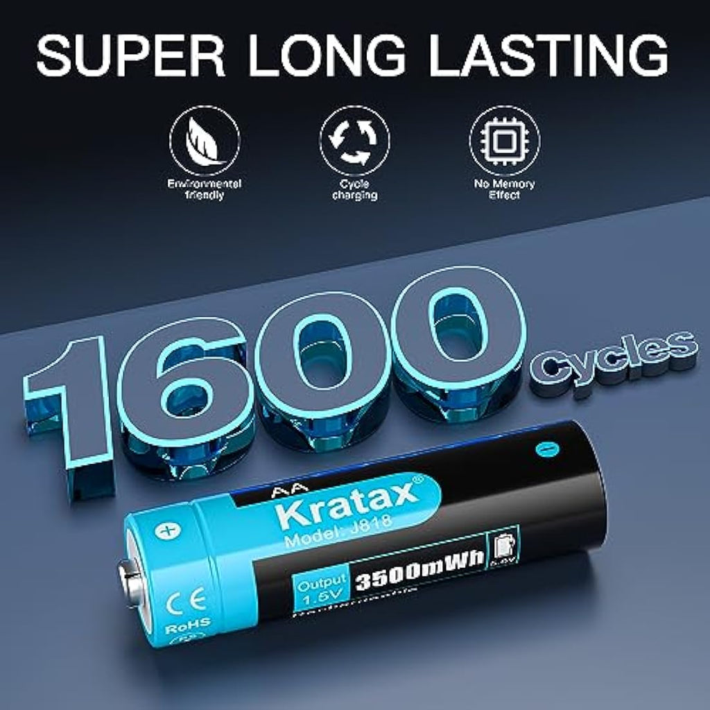 Kratax 1.5V AA Rechargeable Lithium Batteries (8-Pack) with LCD Charger