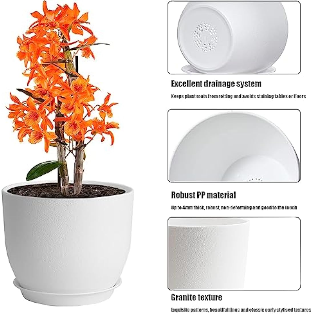 PROFIKLA Plastic Plant Pots with Drainage and Saucers - Set of 3, White