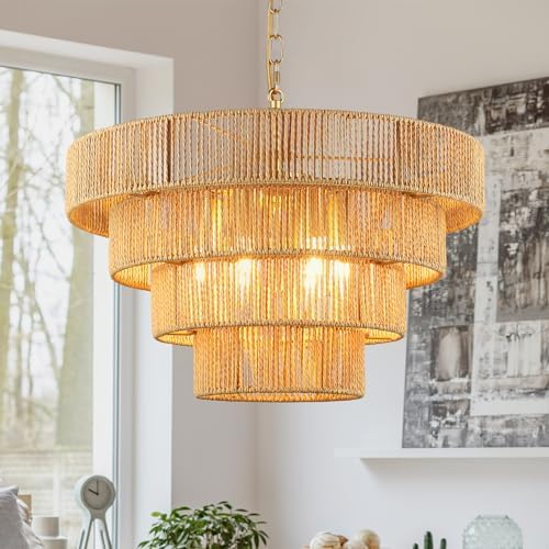 50cm Boho Rattan Pendant Light – 6-Light Brass Ceiling Shade