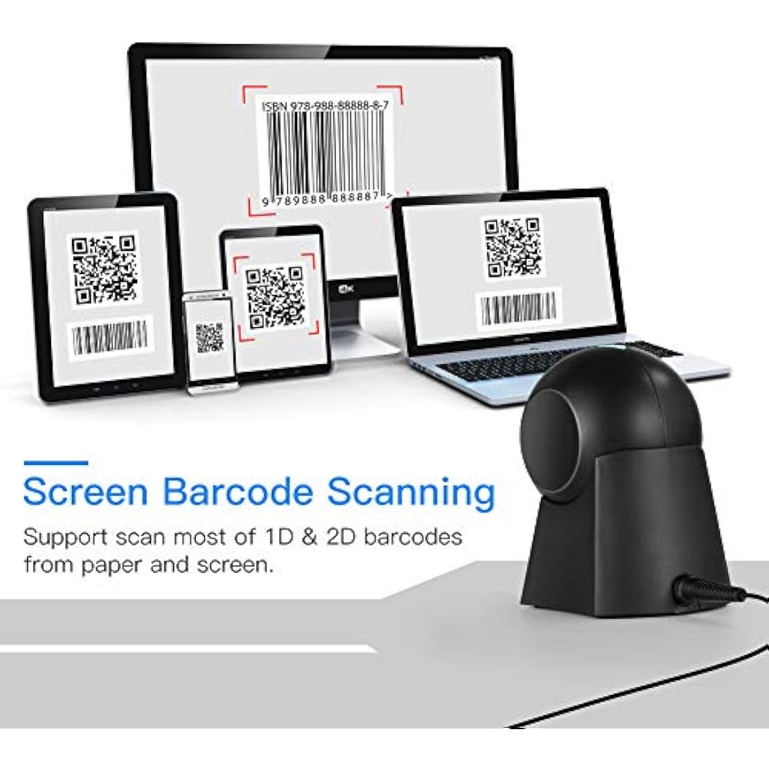 Eyoyo Hands-Free 2D Desktop Barcode Scanner | QR Reader for POS Systems