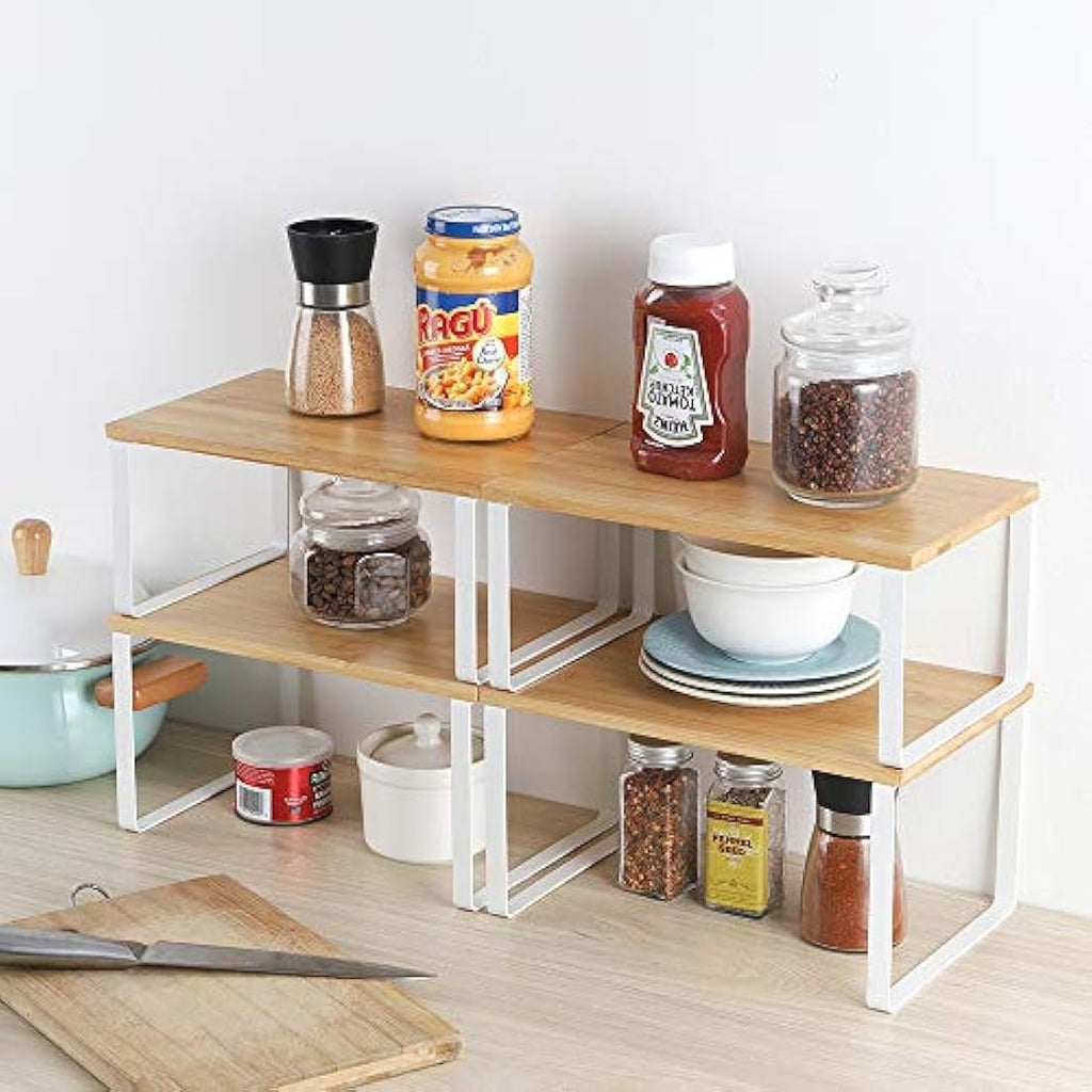 Bamboo Kitchen Shelf Organizer | 4-Pack Stackable White Rack
