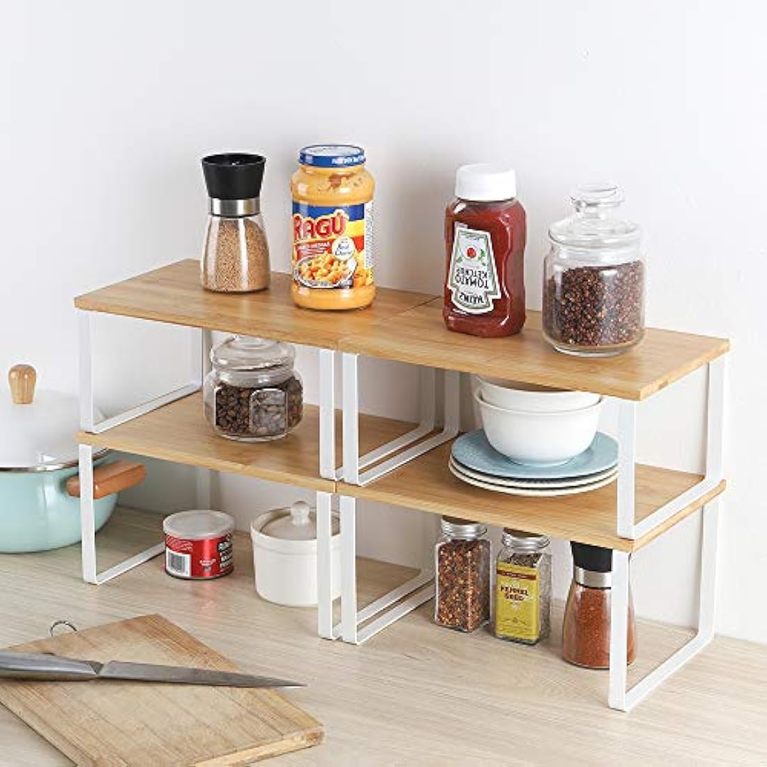 Bamboo Kitchen Shelf Organizer | 4-Pack Stackable White Rack