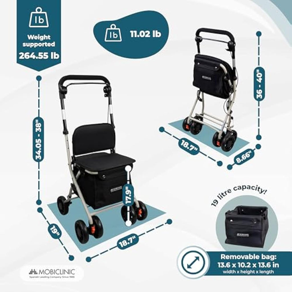 Mobiclinic Coliseo Shopping Trolley with Seat – Foldable 21L Rollator