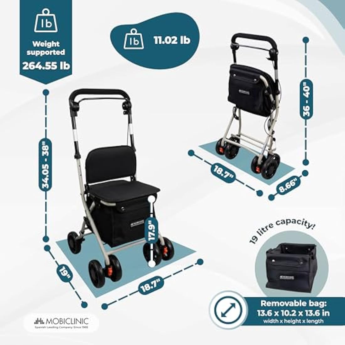 Mobiclinic Coliseo Shopping Trolley with Seat – Foldable 21L Rollator