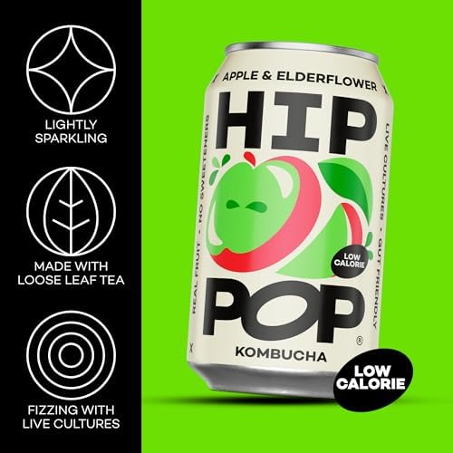 Hip Pop Apple & Elderflower Kombucha – Vegan Gut Health Drink, 24 x 330ml