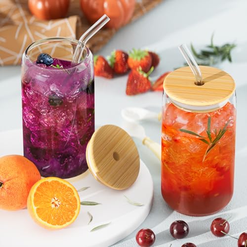 Finew 12-Pack Can Shaped Glass Cups with Bamboo Lids and Straws, 16oz