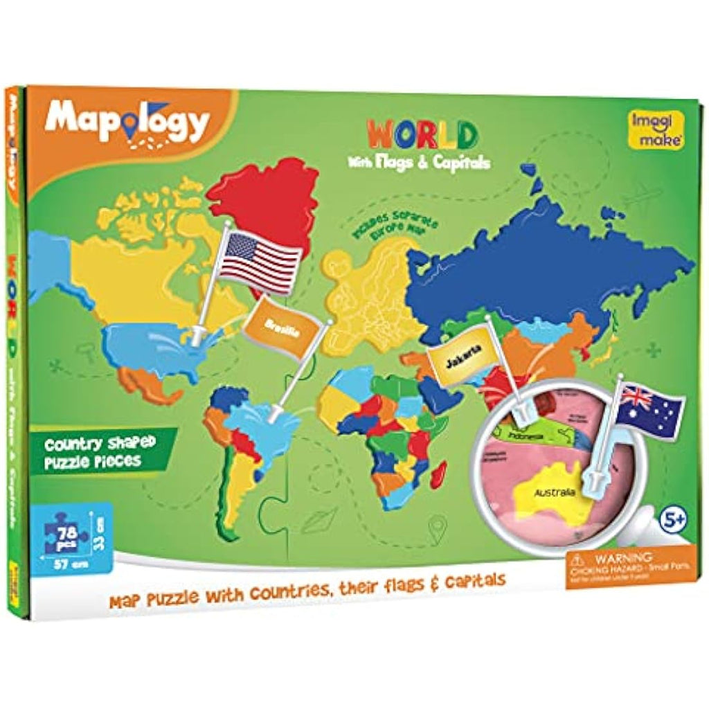 Imagimake Mapology World Map Jigsaw Puzzle with Flags & Capitals – 78 Pieces