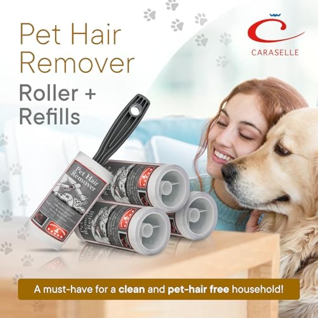 Caraselle Pet Hair & Lint Roller Set - 2 Rollers + 7 Refills, 7.5m Adhesive