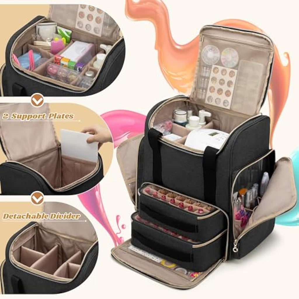 Luxja Nail Polish Backpack | Holds 70 Bottles & Lamp | Black Organizer