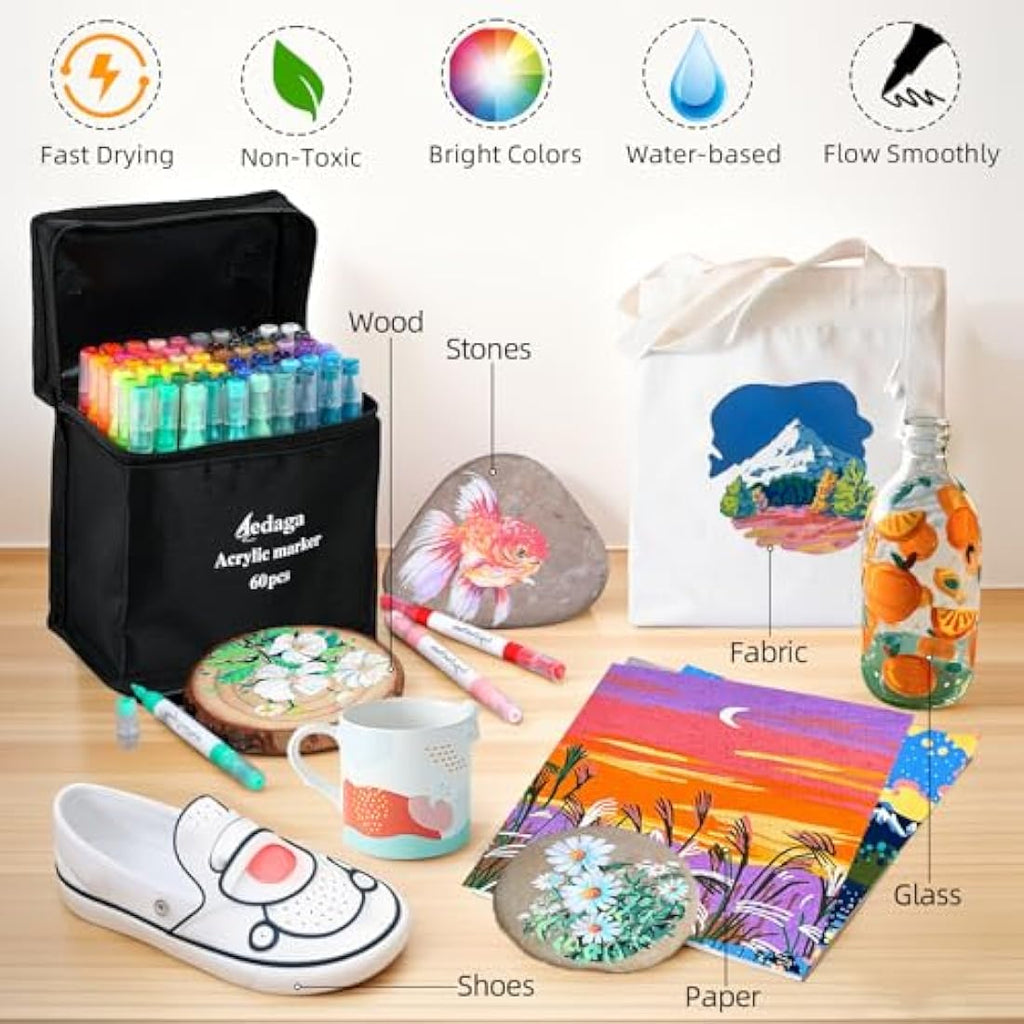 60 Color Dual Tip Acrylic Paint Pens with Drawing App