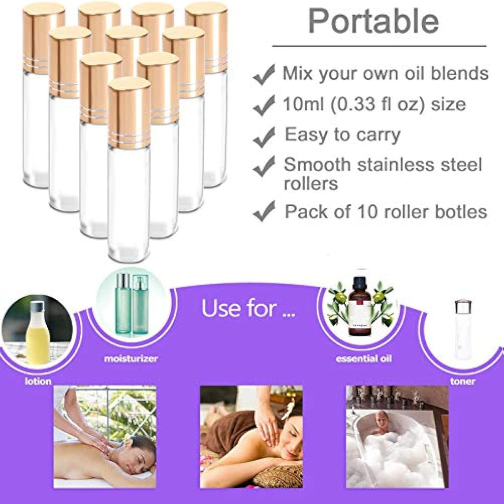 Yalbdopo 10ml Glass Roller Bottles - 10 Pack Refillable Roll-on Set