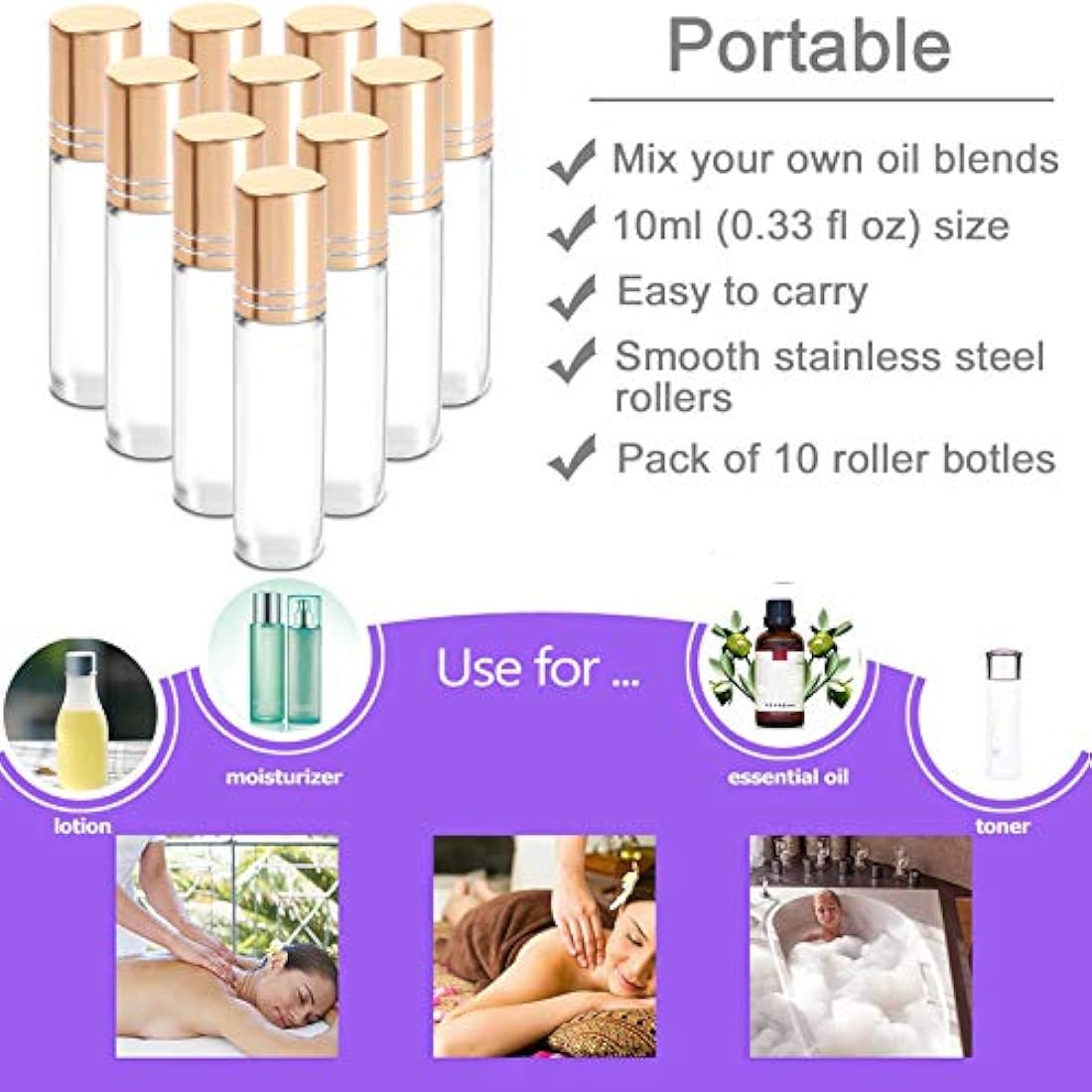Yalbdopo 10ml Glass Roller Bottles - 10 Pack Refillable Roll-on Set
