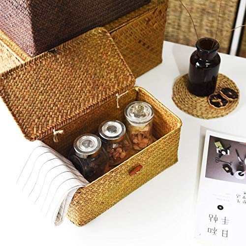 DOKOT Seagrass Storage Baskets with Lids Natural Wicker Basket Medium 30cmx18cmx15cm H