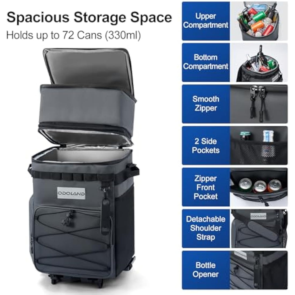 Odoland Rolling Cooler with Wheels | 72-Can Insulated Leakproof Trolley Bag