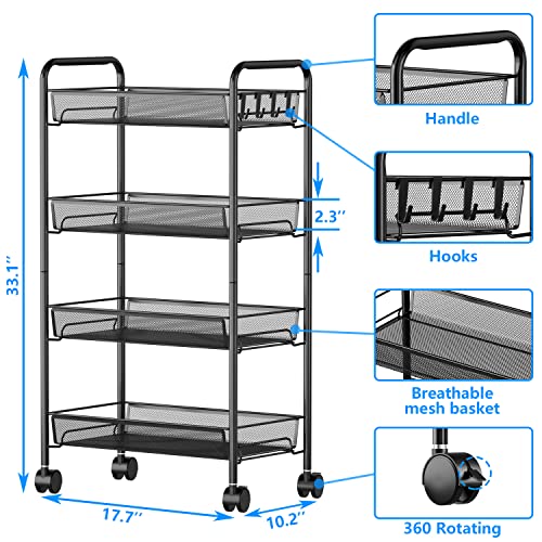 Ovicar 4-Tier Rolling Utility Cart – Metal Mesh Storage Trolley with Hooks