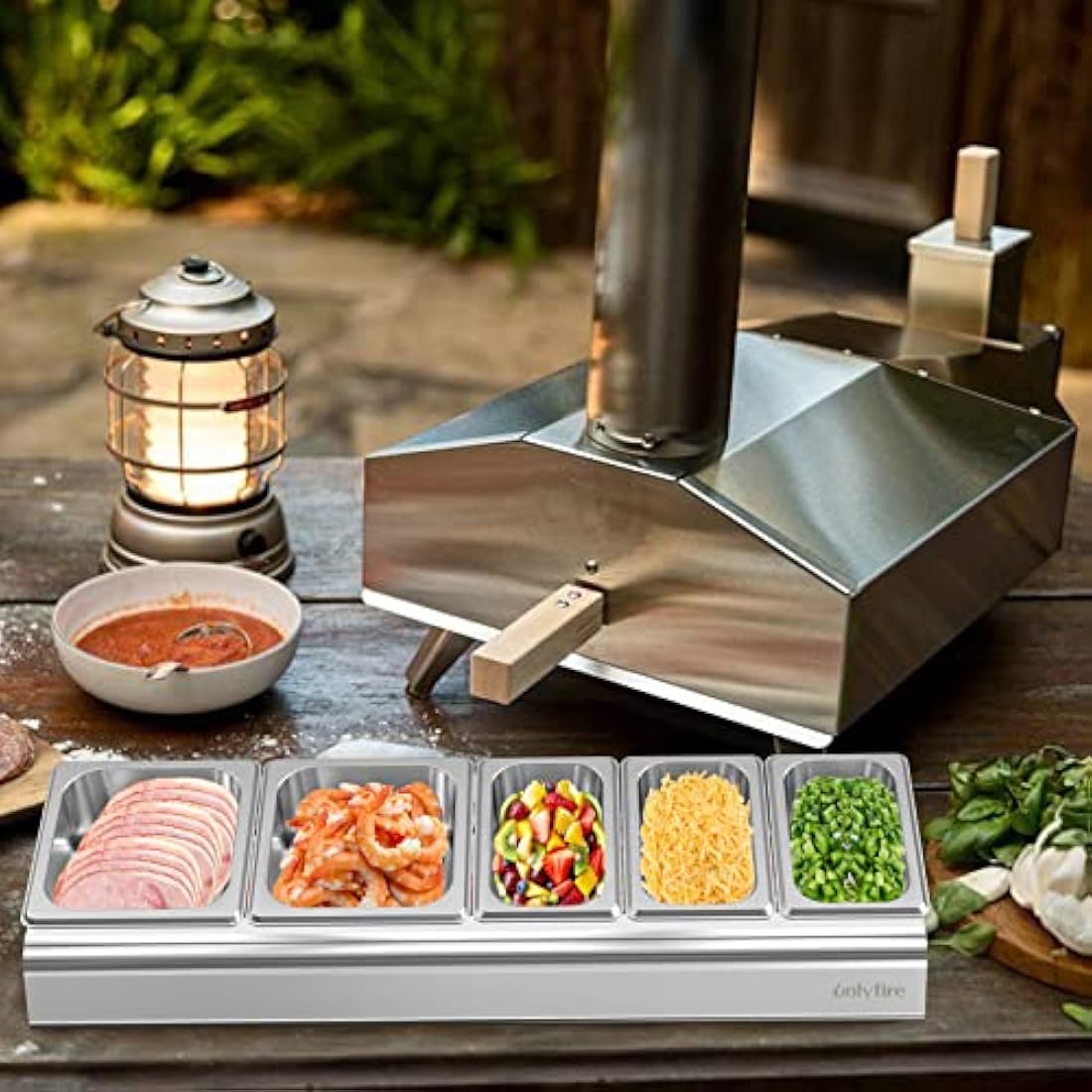 Onlyfire Pizza Topping Station – 5 Stainless Steel Prep Trays with Lid