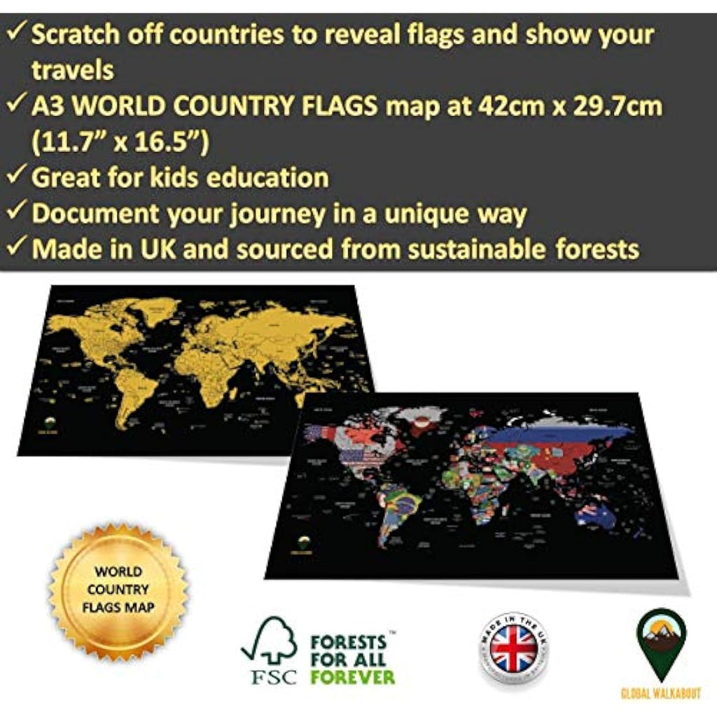 Global Walkabout Scratch Off World Map Poster with Flags - Black A3 Size