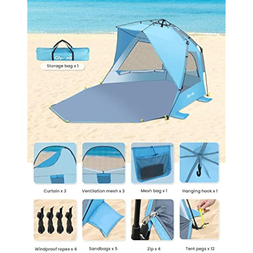 Glymnis Pop Up Beach Tent | 4-6 Person UV Sun Shelter with Porch