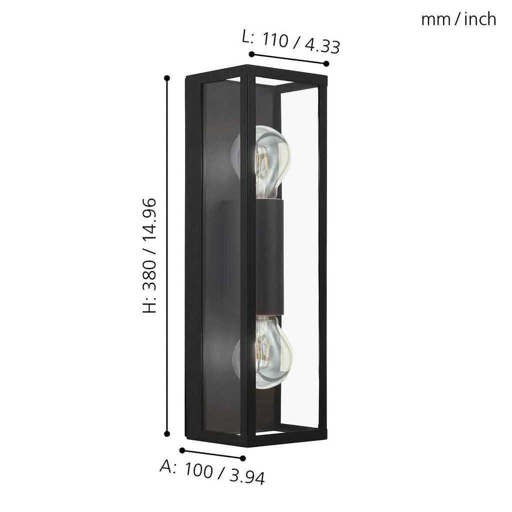 Eglo Amezola 2-Flame Industrial Wall Light | Black Steel & Glass IP44