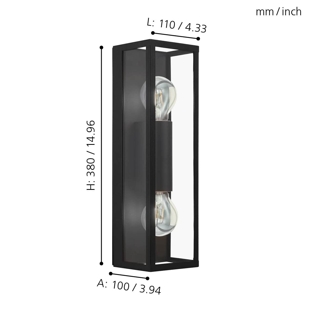 Eglo Amezola 2-Flame Industrial Wall Light | Black Steel & Glass IP44