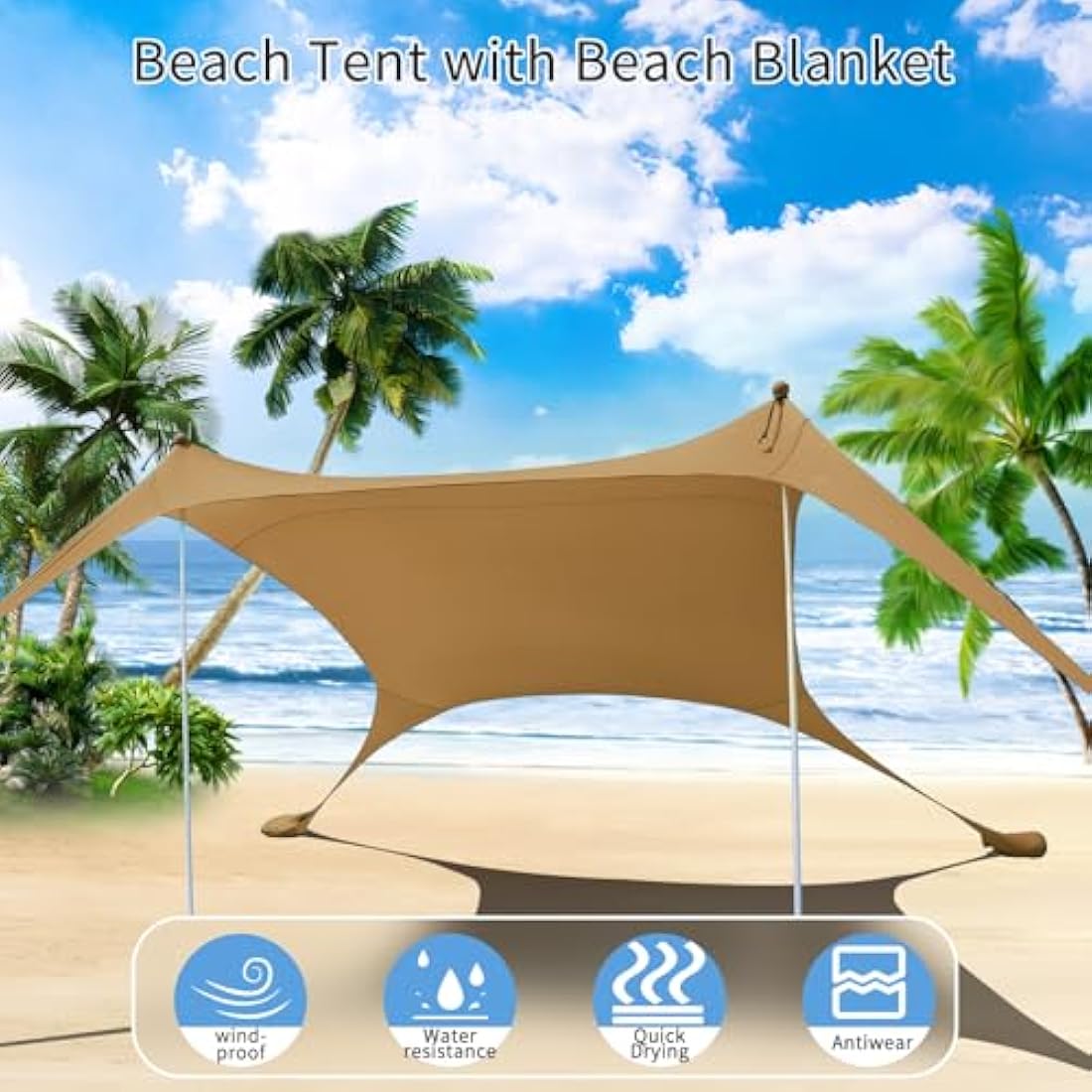 CUUPO 7x7ft Beach Tent Sun Shelter – UPF 50+ Lycra Canopy with 2 Poles