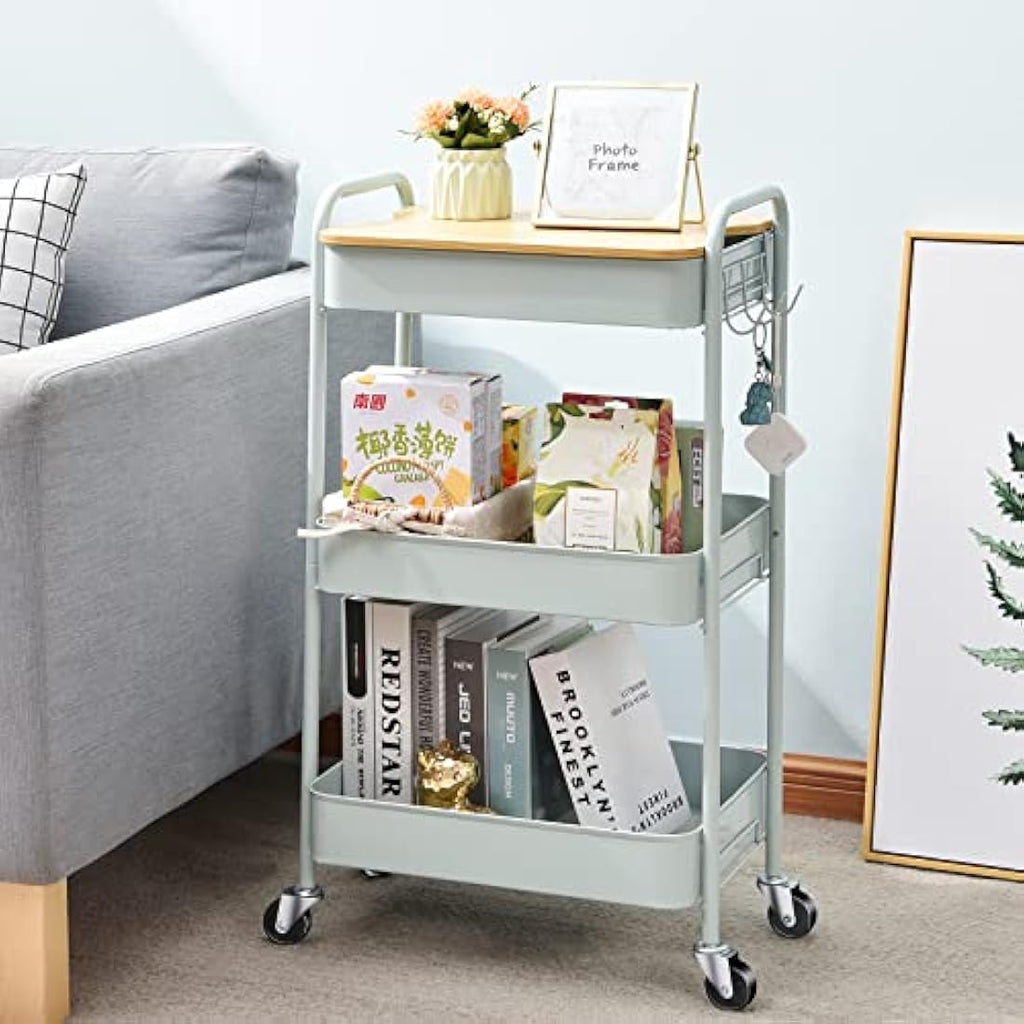KINGRACK 3-Tier Metal Rolling Storage Trolley with Wooden Worktop