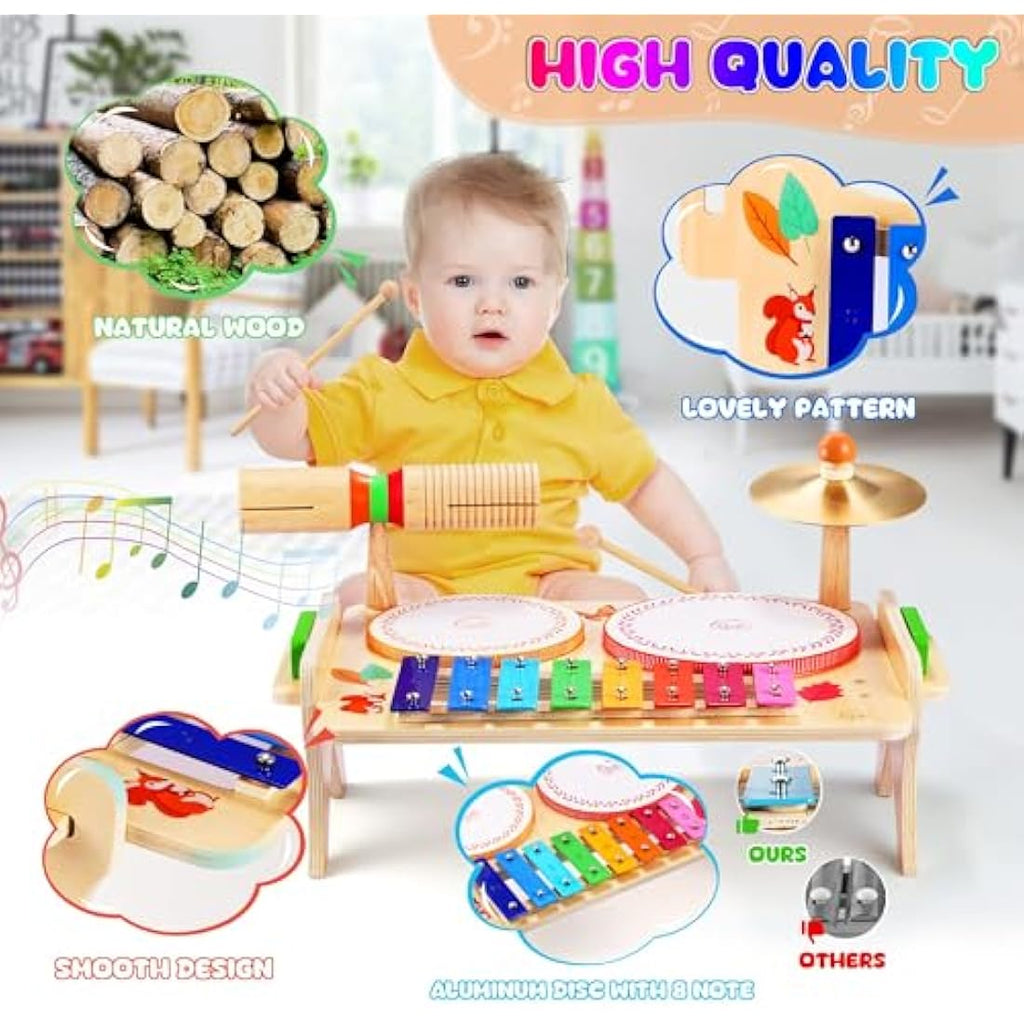 Sweet Time 7-in-1 Wooden Kids Drum Set | Toddler Musical Xylophone Toy