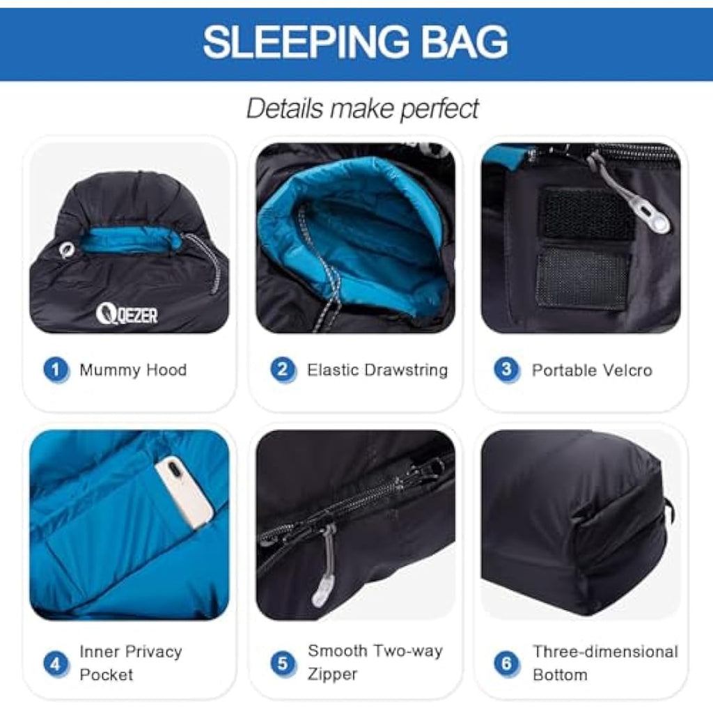 QEZER 4-Season Down Sleeping Bag | 620FP Duck Down Mummy Bag