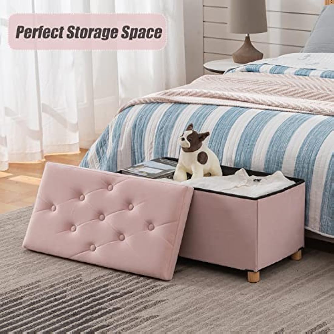 Pink Velvet Storage Ottoman – Foldable Stool with Wood Legs