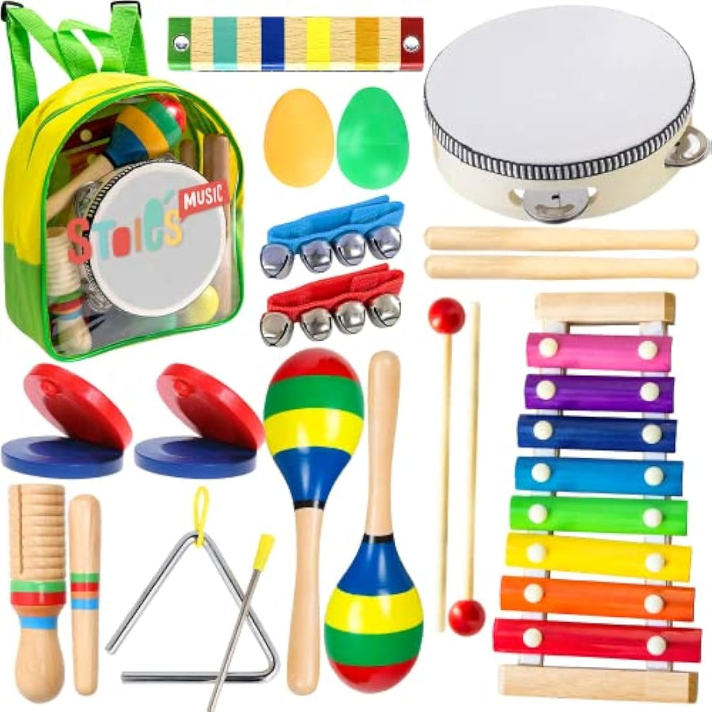 Stoie's Wooden Kids Musical Instruments Set - 15pc Toddler Percussion Toys