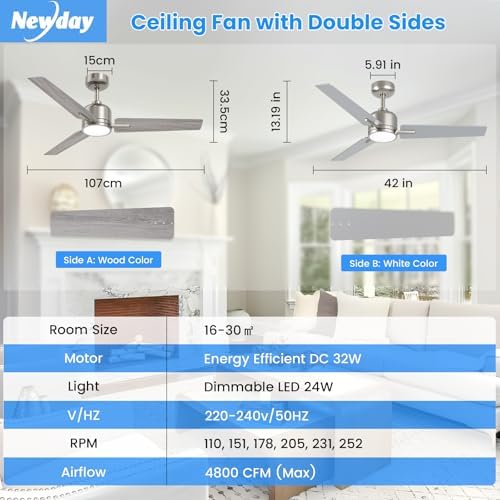 Newday 42" Silver Ceiling Fan with Dimmable LED Light and Remote Control