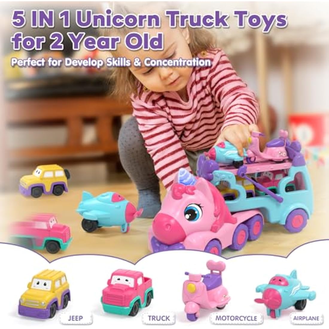Lehoo Castle 5-in-1 Unicorn Carrier Truck Toy with Lights & Music