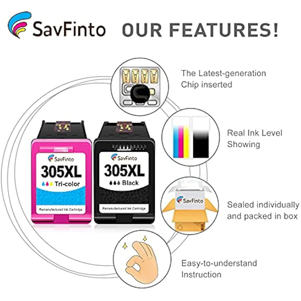 SavFinto 305XL Ink Cartridges for HP DeskJet & Envy - Black & Color 2-Pack