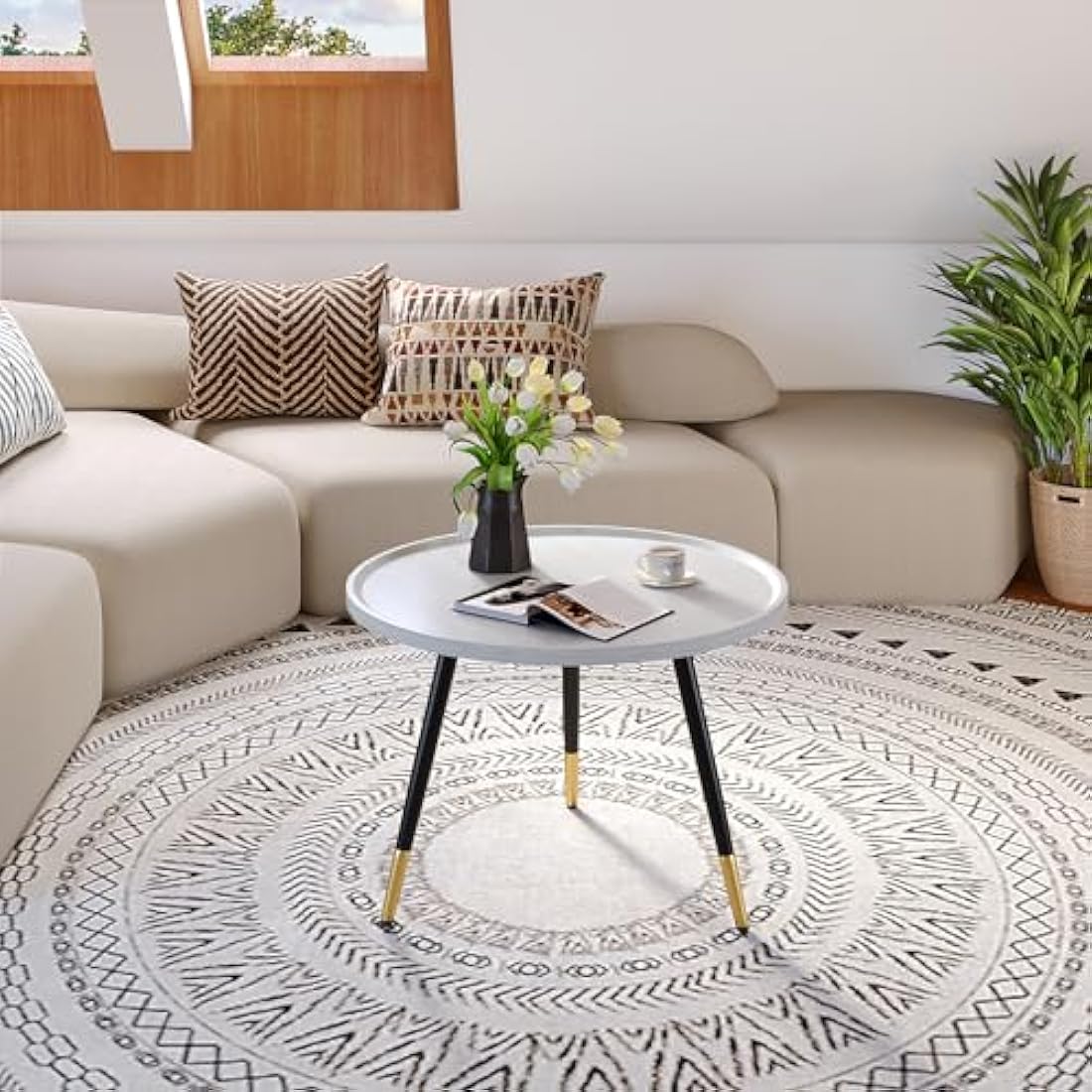 Round Coffee Table – Modern White Wood & Metal Side Table