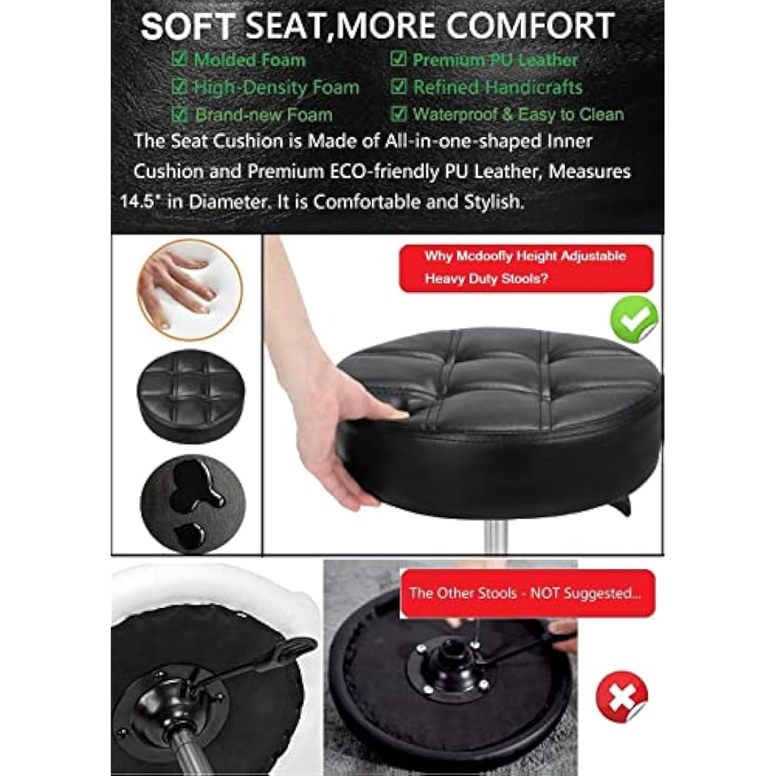 McDooFly Heavy Duty Rolling Stool – Adjustable Swivel Salon Chair with Wheels