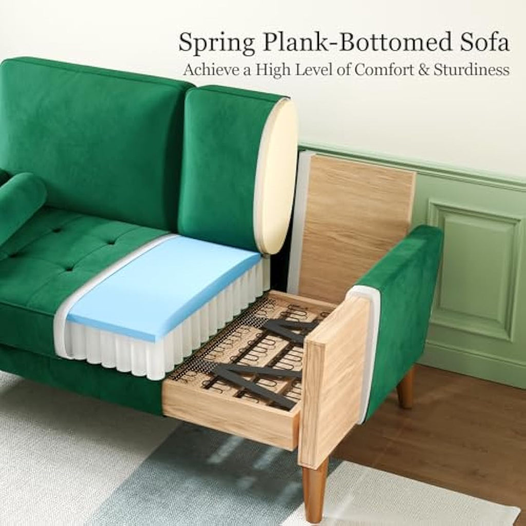 Vesgantti 2 Seater Velvet Sofa – Modern Green Loveseat with Wood Legs