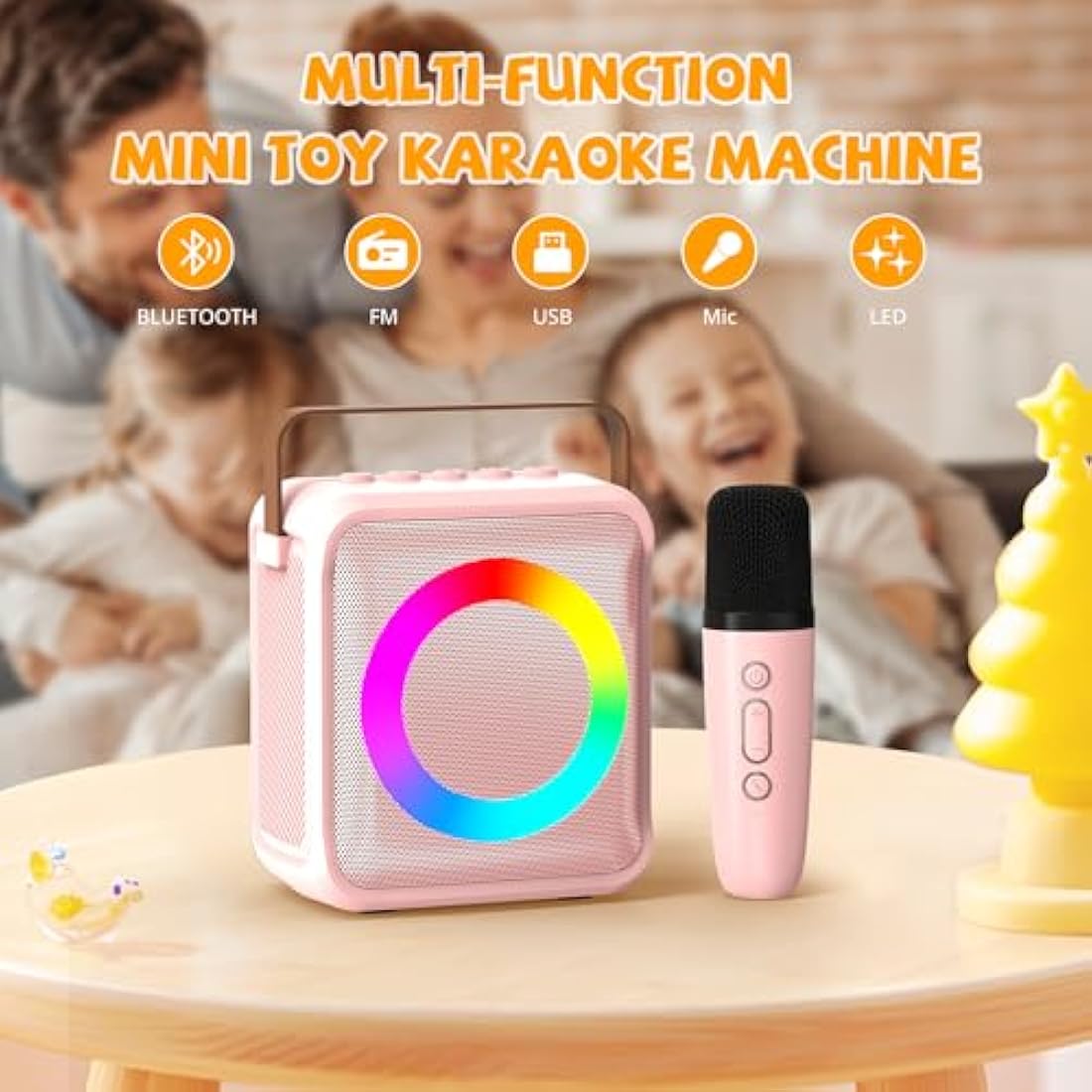 Ankuka Portable Karaoke Machine with Wireless Microphone & LED - Pink