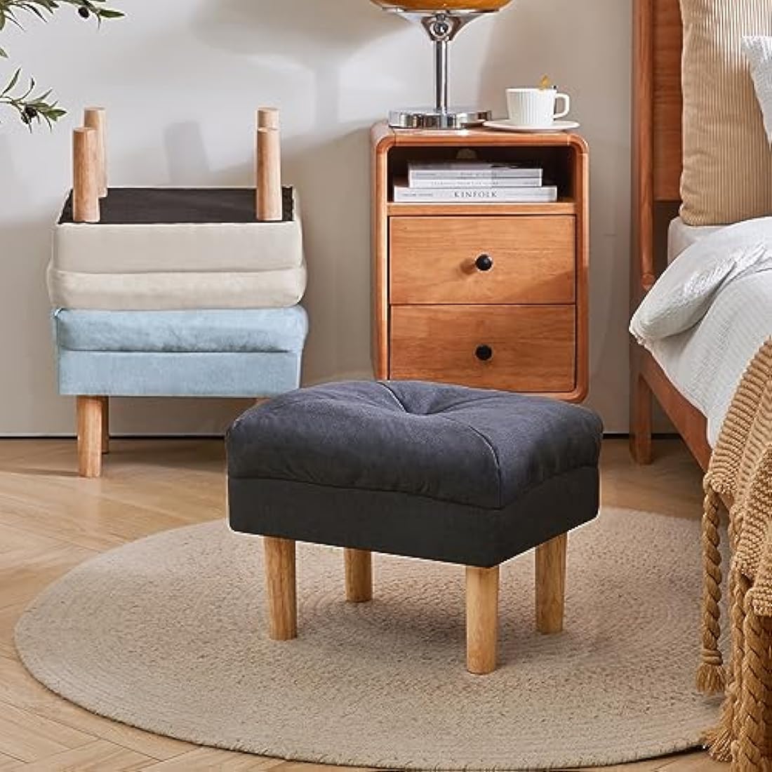Small Ottoman Footstool – Padded Wooden Stool, Dark Grey
