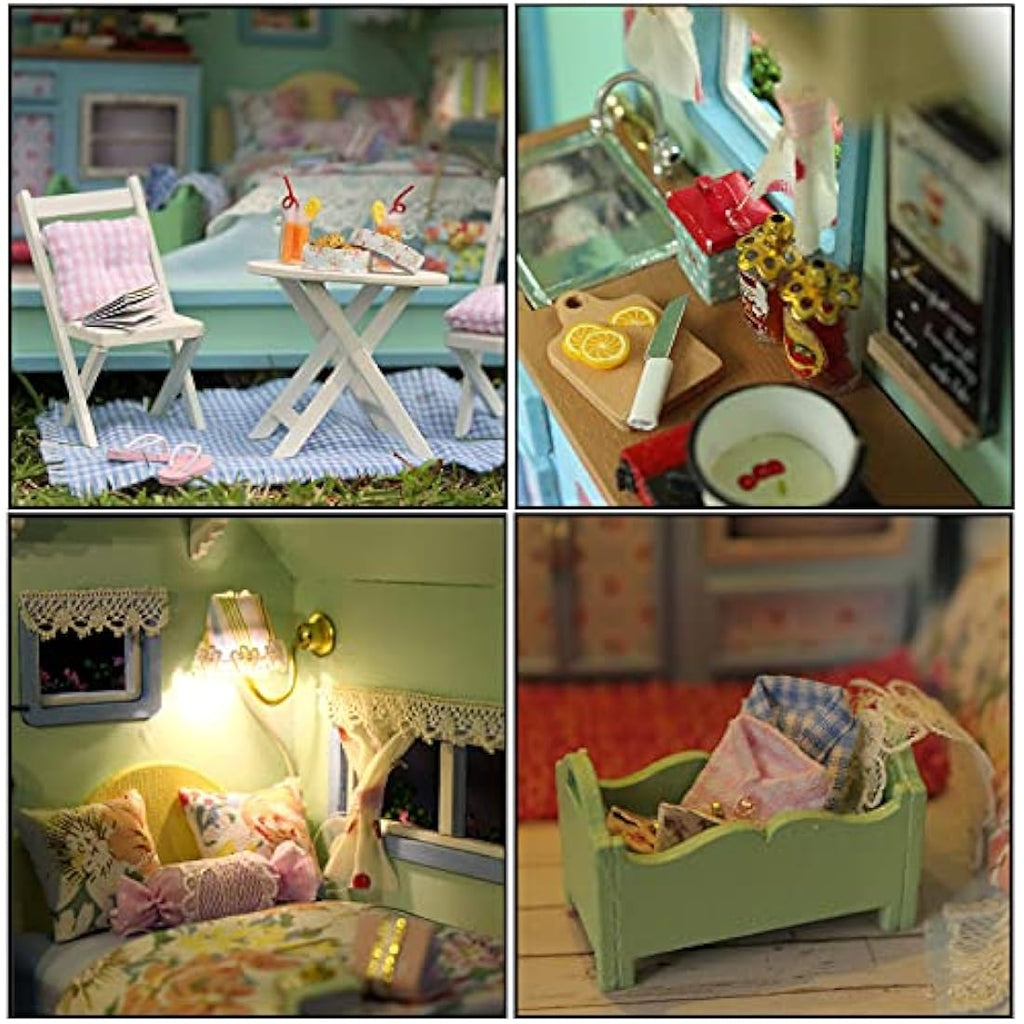 Cuteroom DIY Miniature Wooden Dollhouse Kit – Caravan Model with Music Box