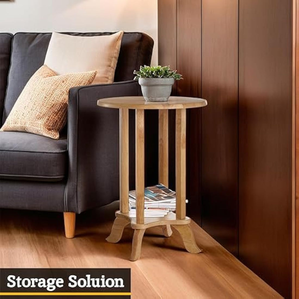 Jolof Store Round Side Table – Hevea Wood Bedside Table with Storage