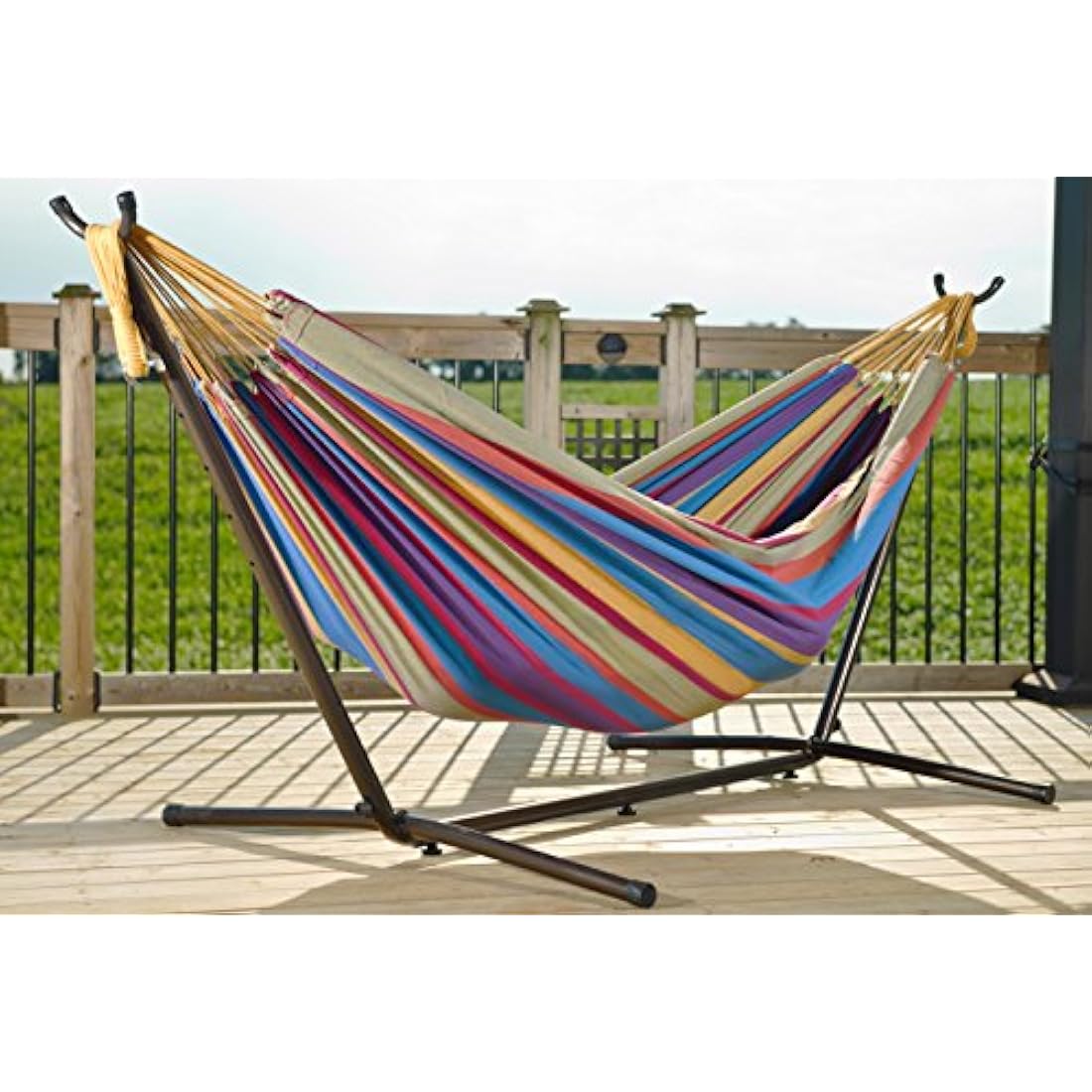 Vivere Double Cotton Hammock with Space-Saving Steel Stand | Tropical